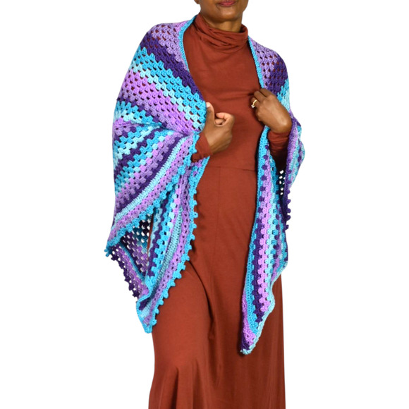 Hand Knit Crochet Shawl Blue Ombre Blanket Wrap Triangle Granny Squares One Size - Picture 15 of 16